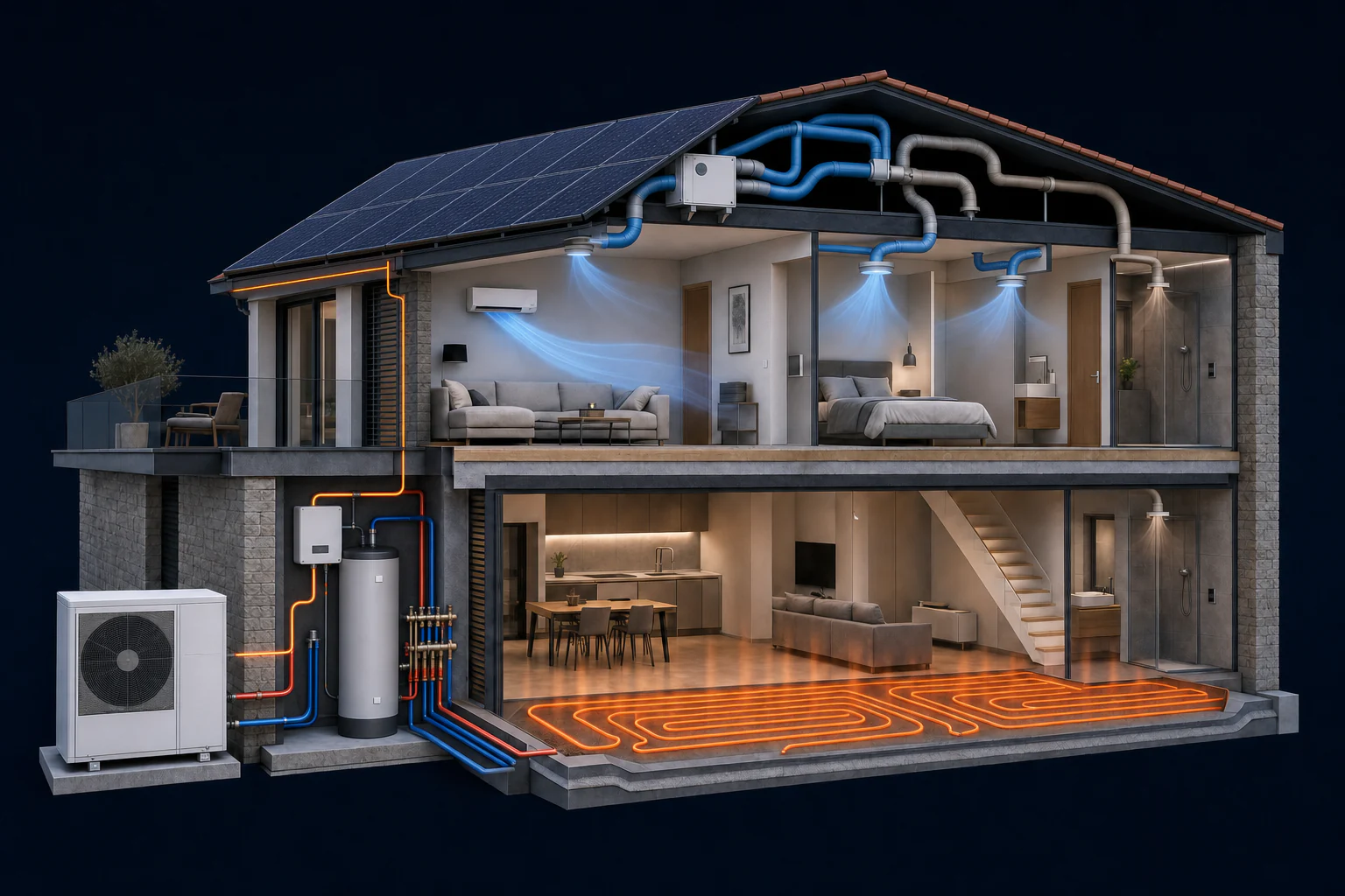 Casa em corte técnico com painéis solares fotovoltaicos, ar condicionado, piso radiante hidráulico, bomba de calor e ventilação mecânica controlada integrados.
