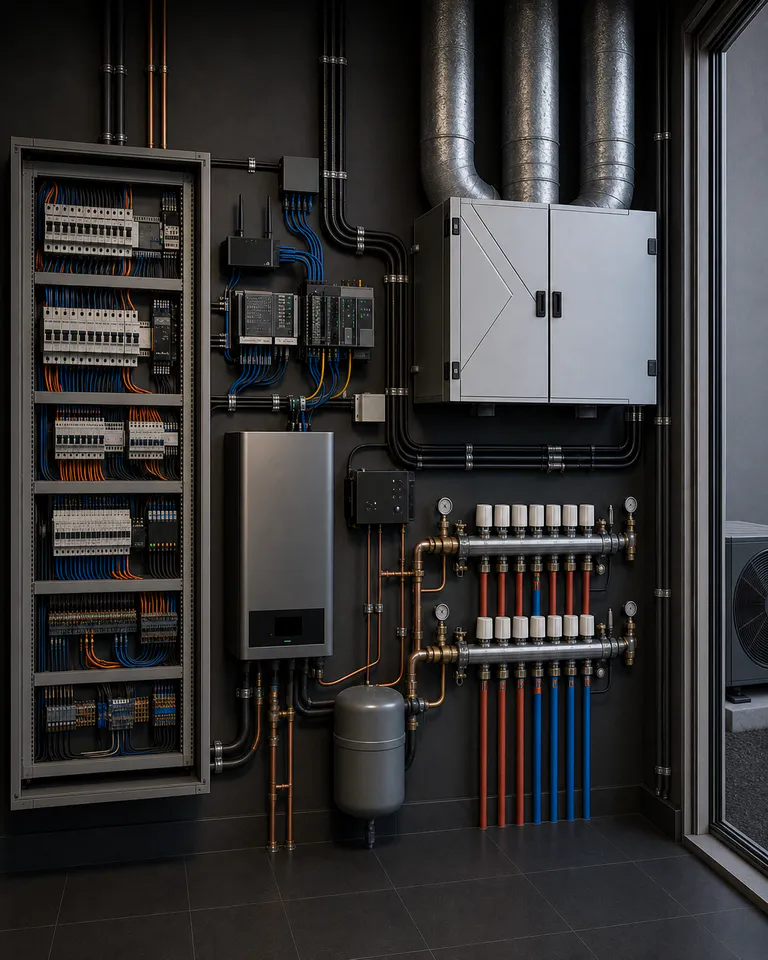 Instalação técnica integrada com quadro elétrico, automação, VMC, bomba de calor e coletor de piso radiante.